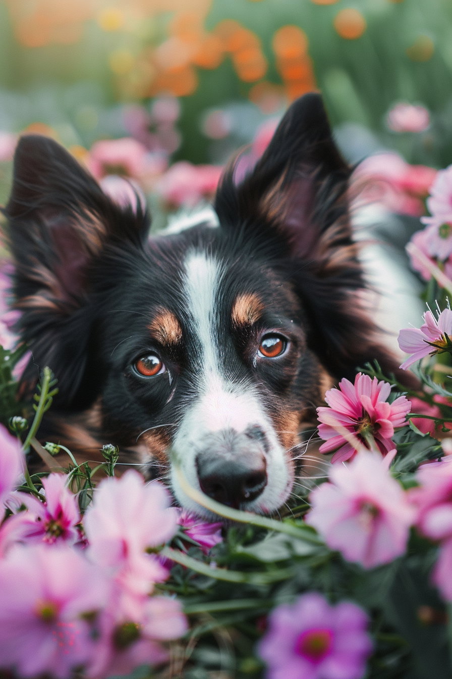 Cute dog resting among colorful spring flowers in natural light