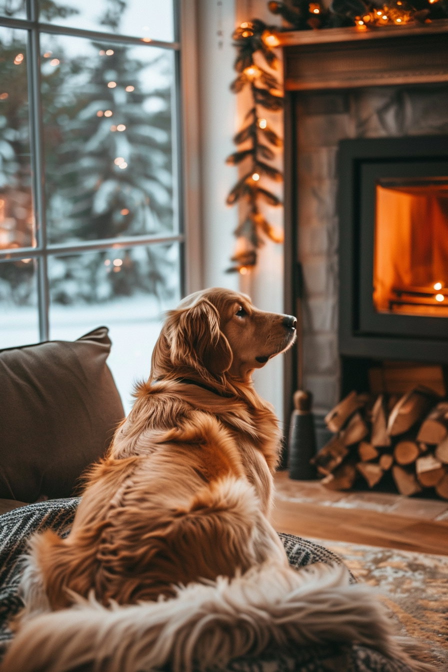 Dog relaxing by a warm fireplace in cozy winter home