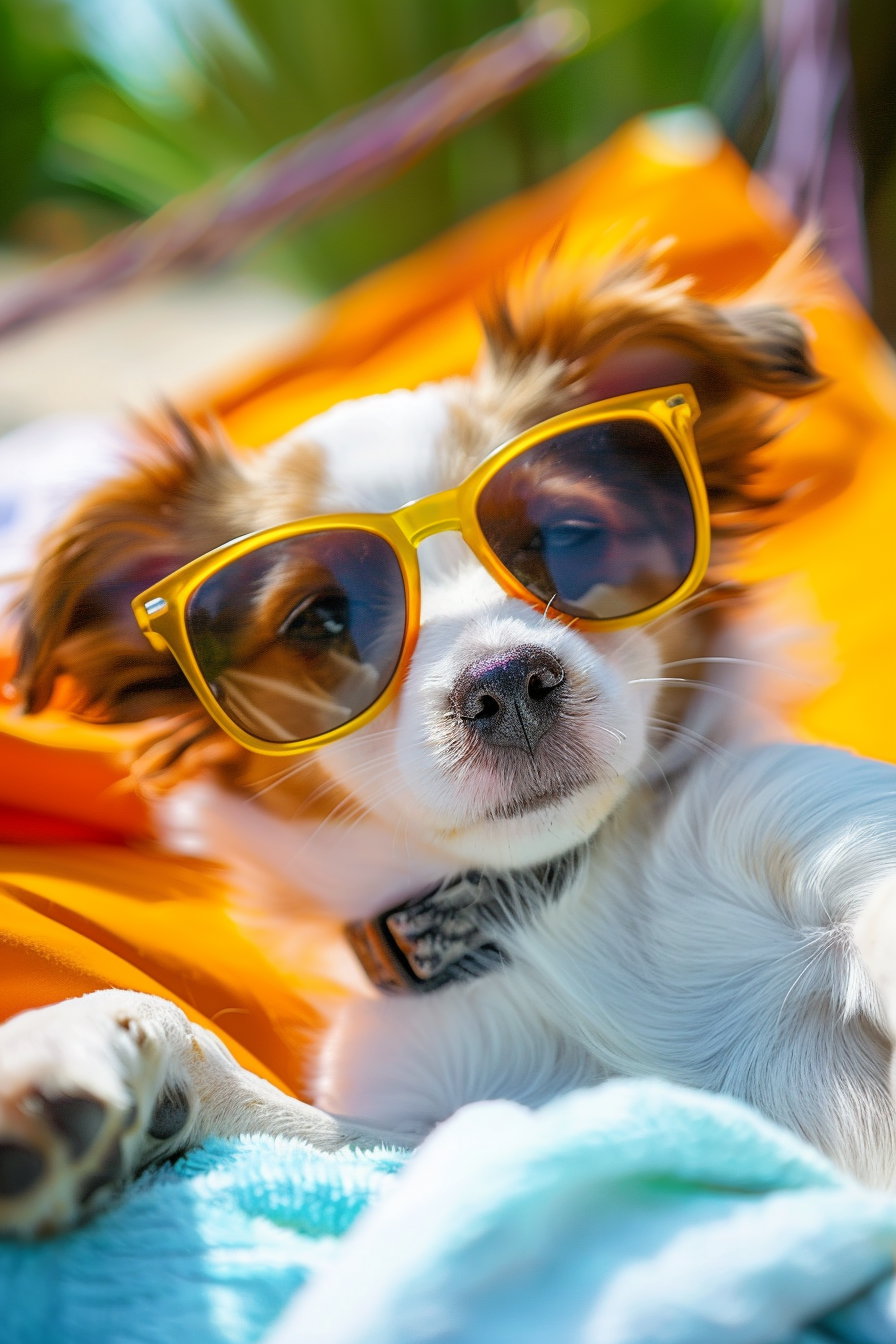 Puppy wearing sunglasses relaxing in summer shade outdoors