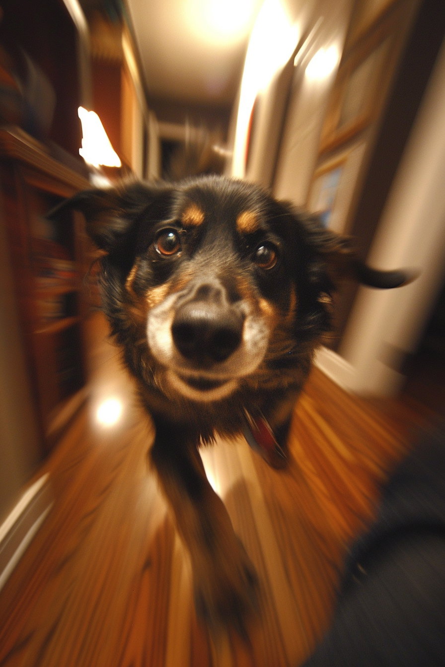 Dog joyfully jumping on owner at home with motion blur