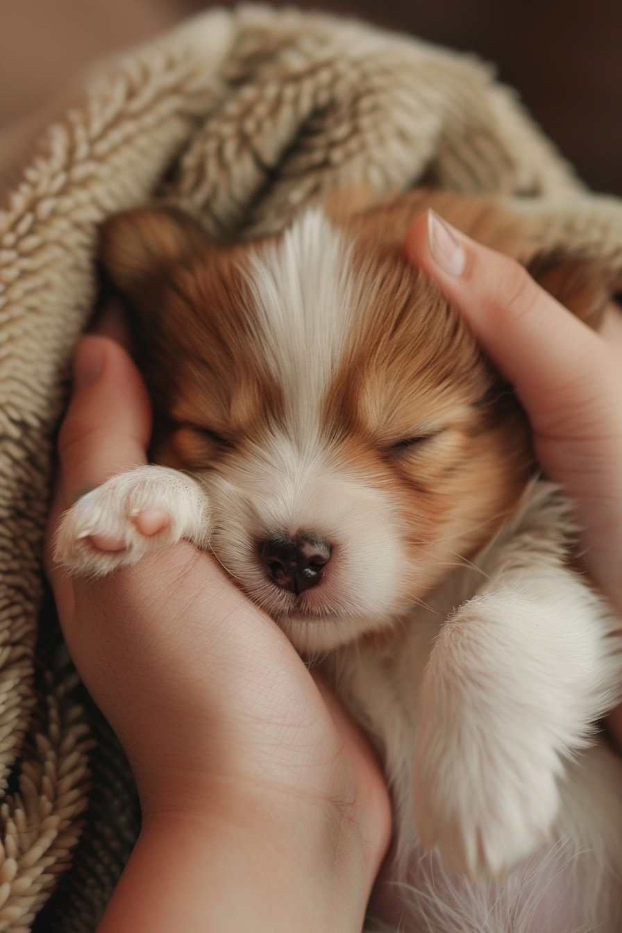 Tiny puppy sleeping in hands with ultra detailed fur