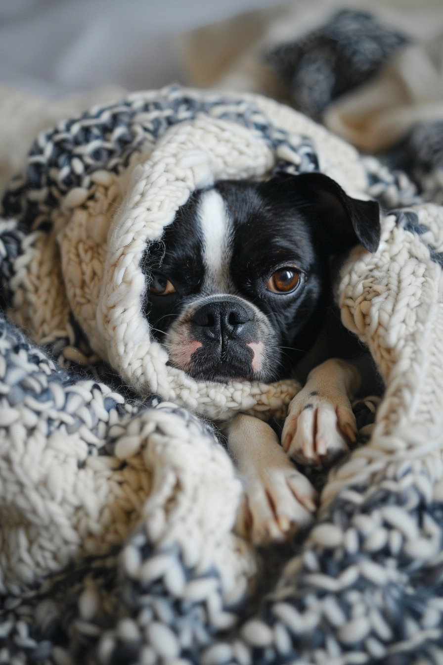 Funny dog confused under blanket in cozy lighting