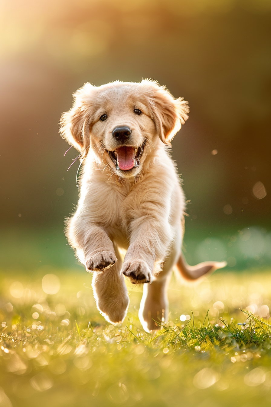 Golden retriever puppy joyfully running in sunlight