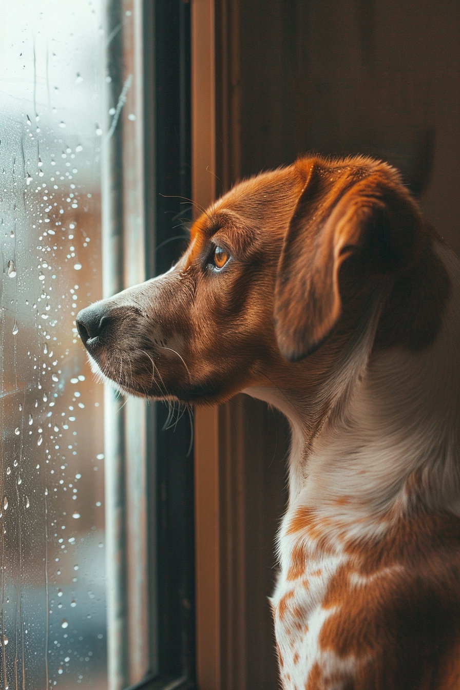Cute dog gazing out rainy window with soft lighting