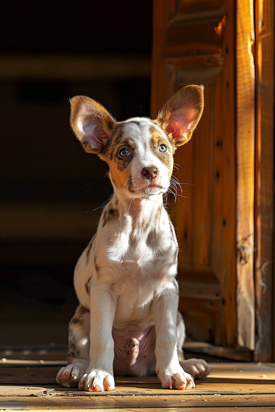 Curious puppy with oversized ears sitting on the floor