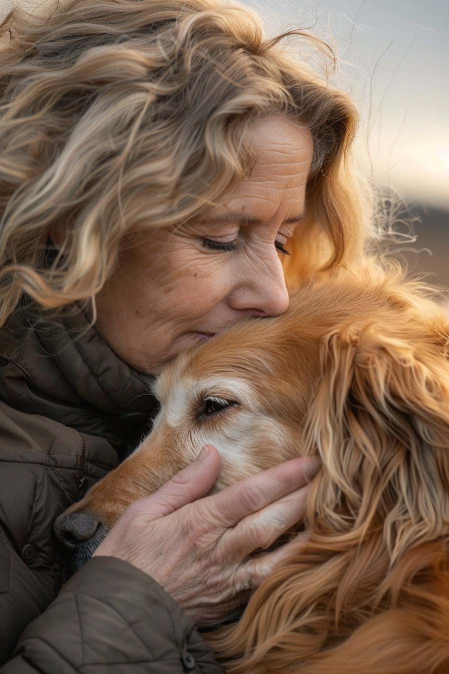 Dog embracing owner in warm light showcasing emotional bond