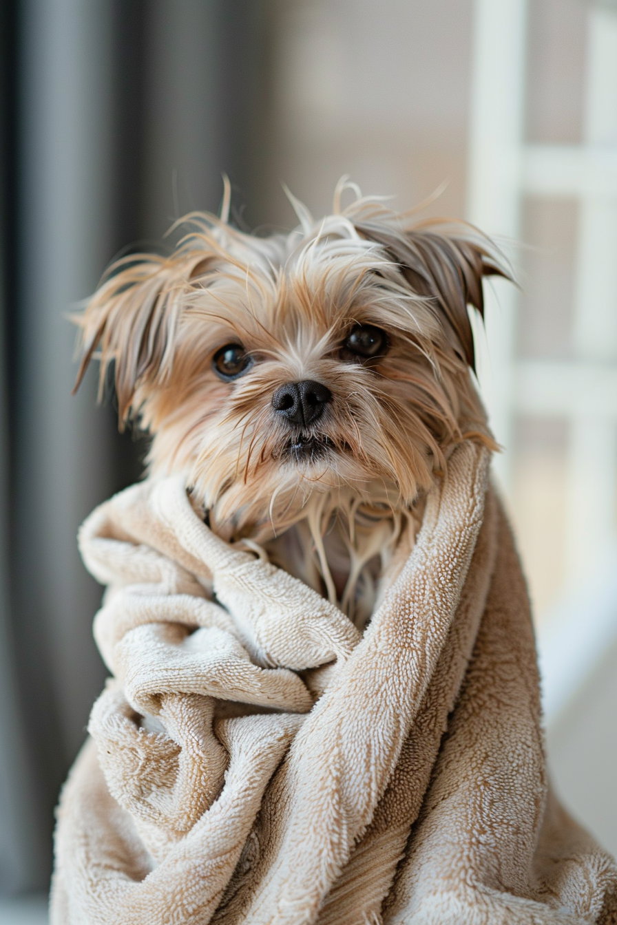 Tiny dog in towel, annoyed expression after bath