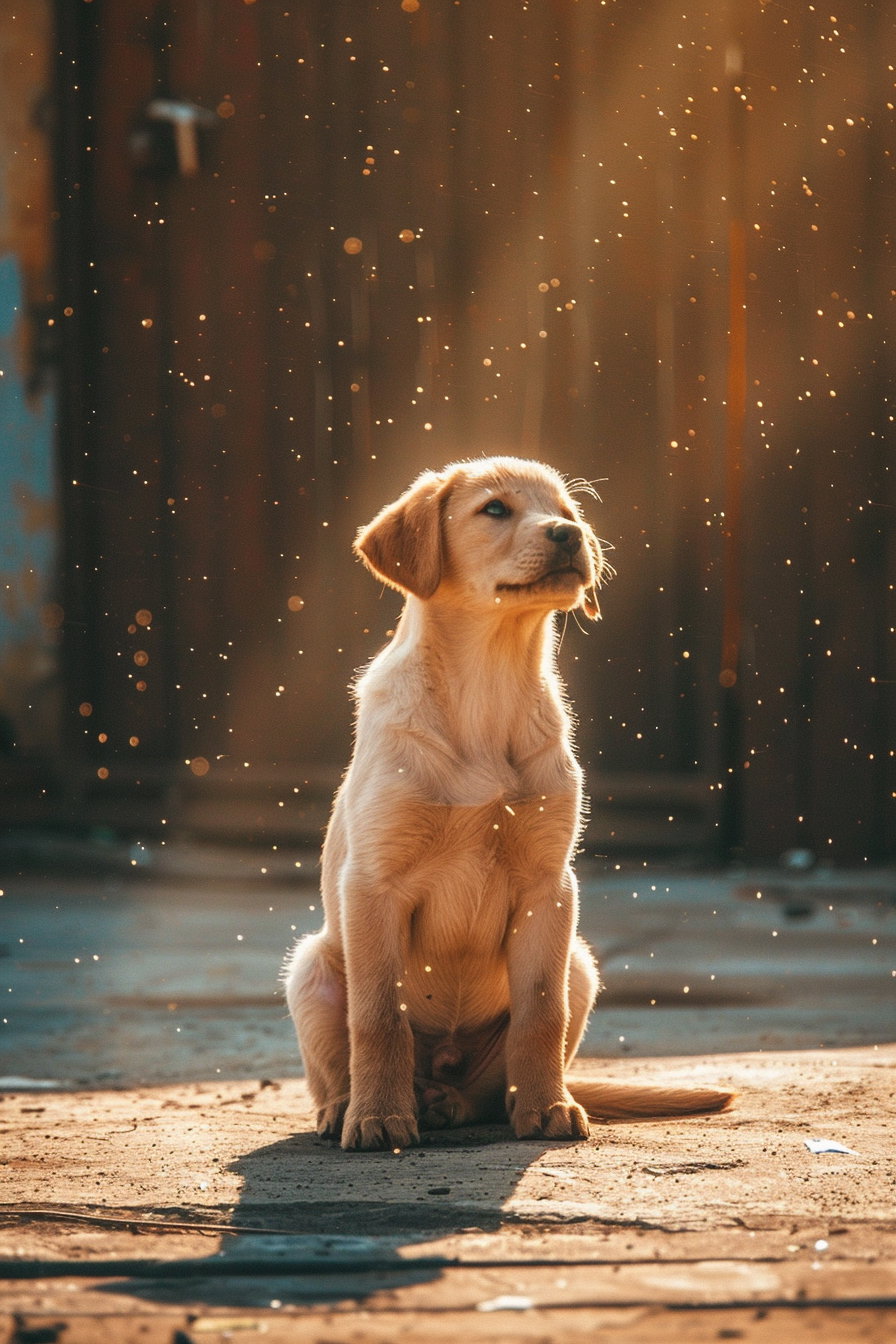 Cute puppy basking in sunlight with visible dust particles