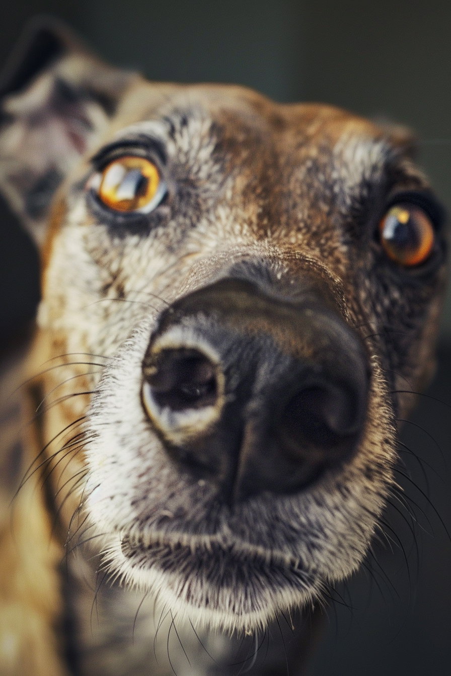 Close-up of confused dog tilting head in soft light