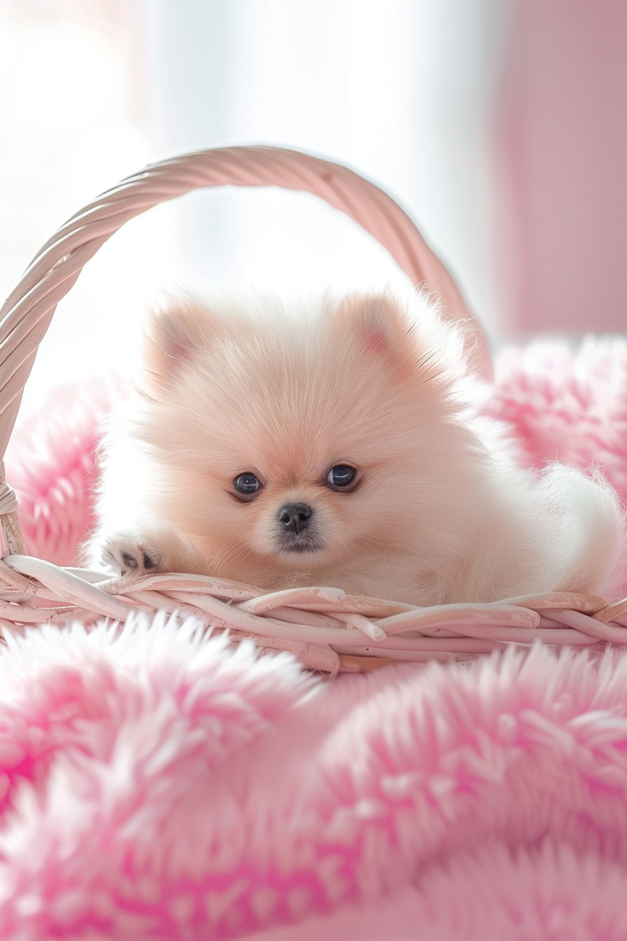 Fluffy puppy resting in basket with pastel tones