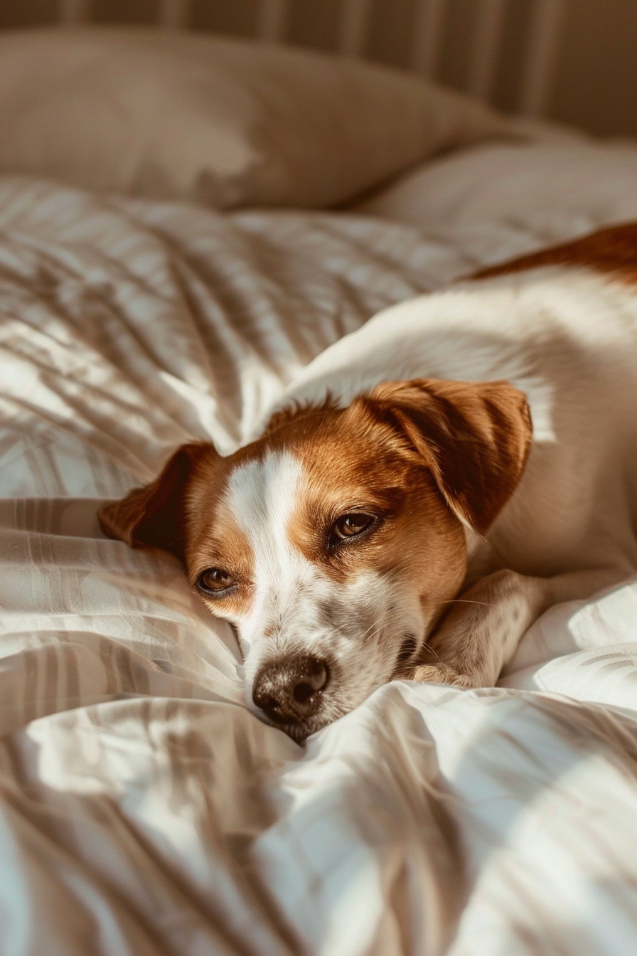 Cozy dog resting on bed with warm sunlight patterns