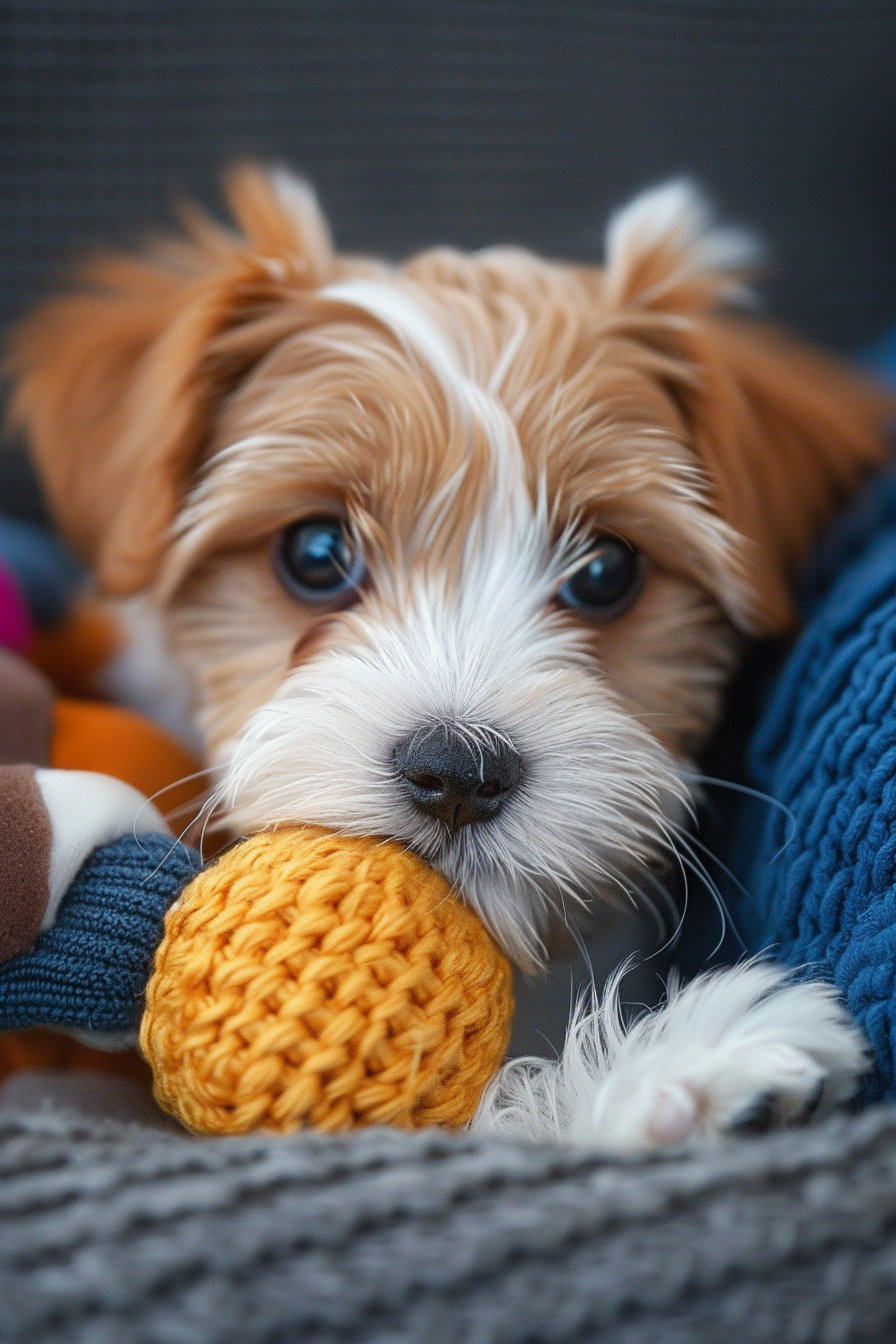 Playful puppy holding toy in mouth with soft focus