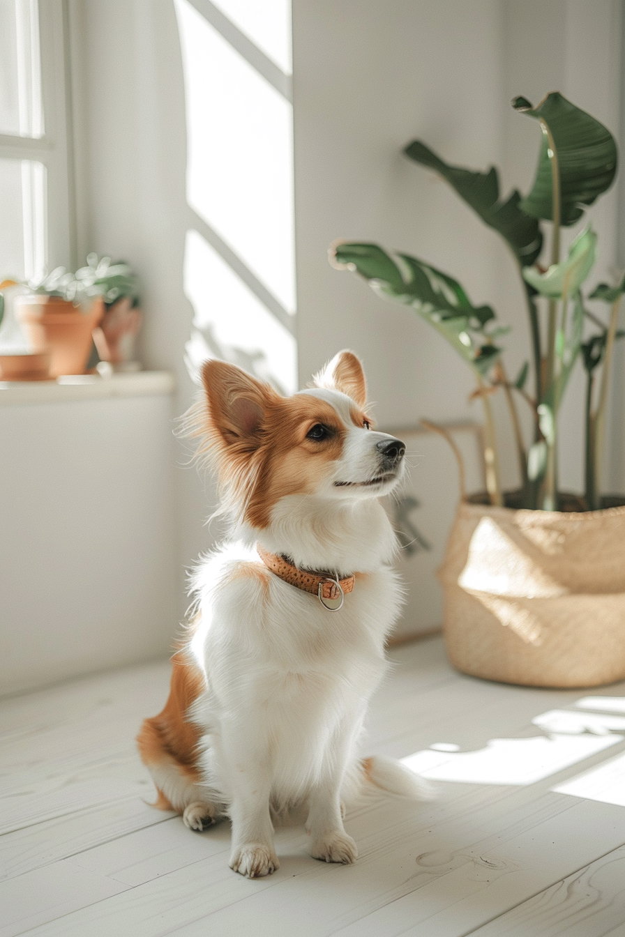 Cute dog sitting in minimal white room with soft shadows