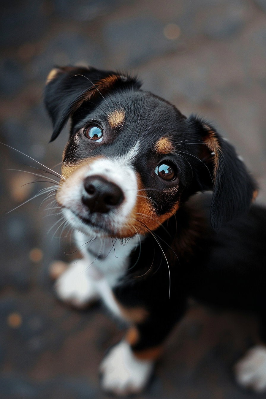 Sad puppy with big eyes gazing up softly