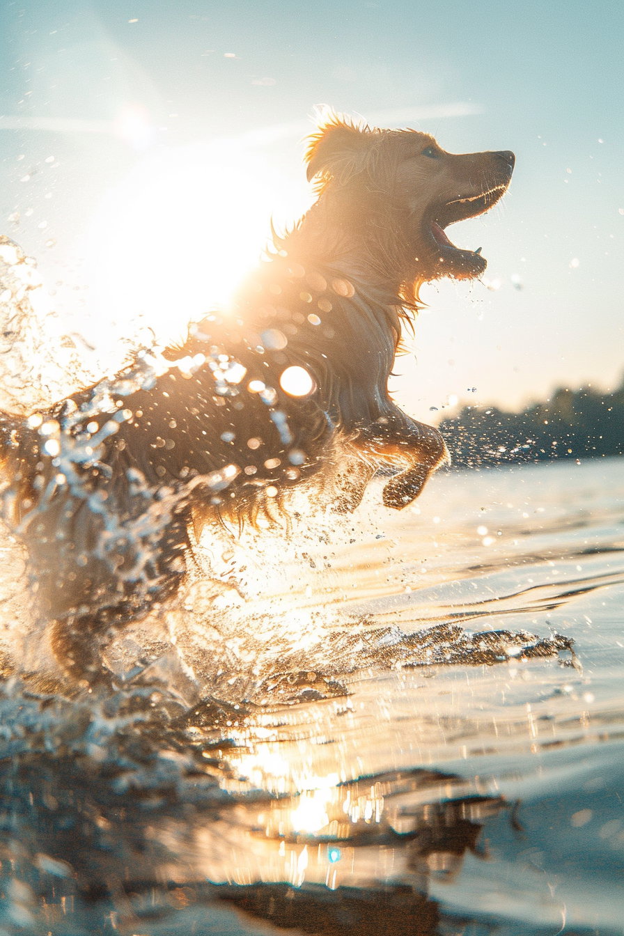 Dog leaping through water with splash and sunlight reflections
