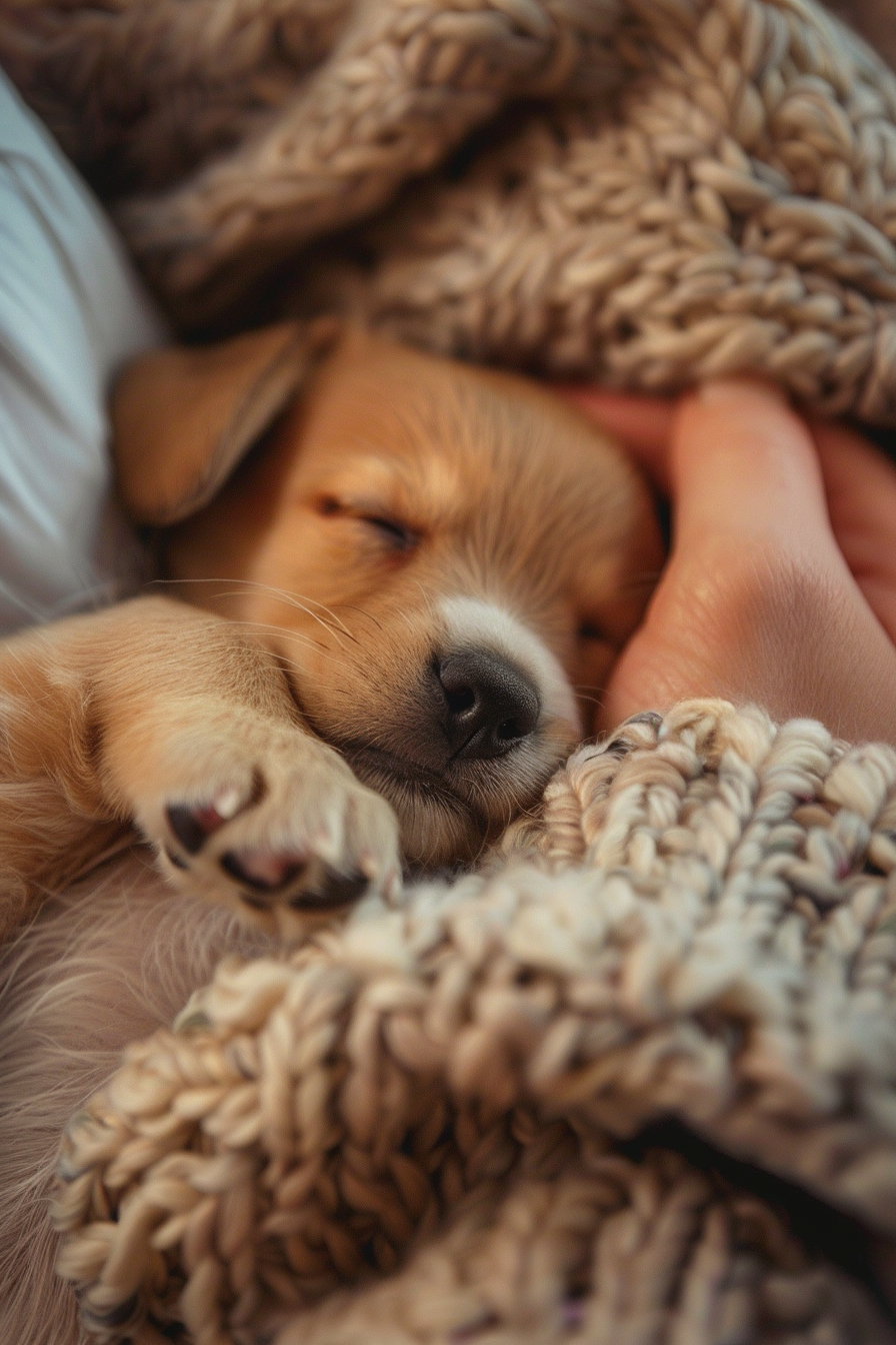 Puppy sleeping beside owner's hand in cozy warm tones