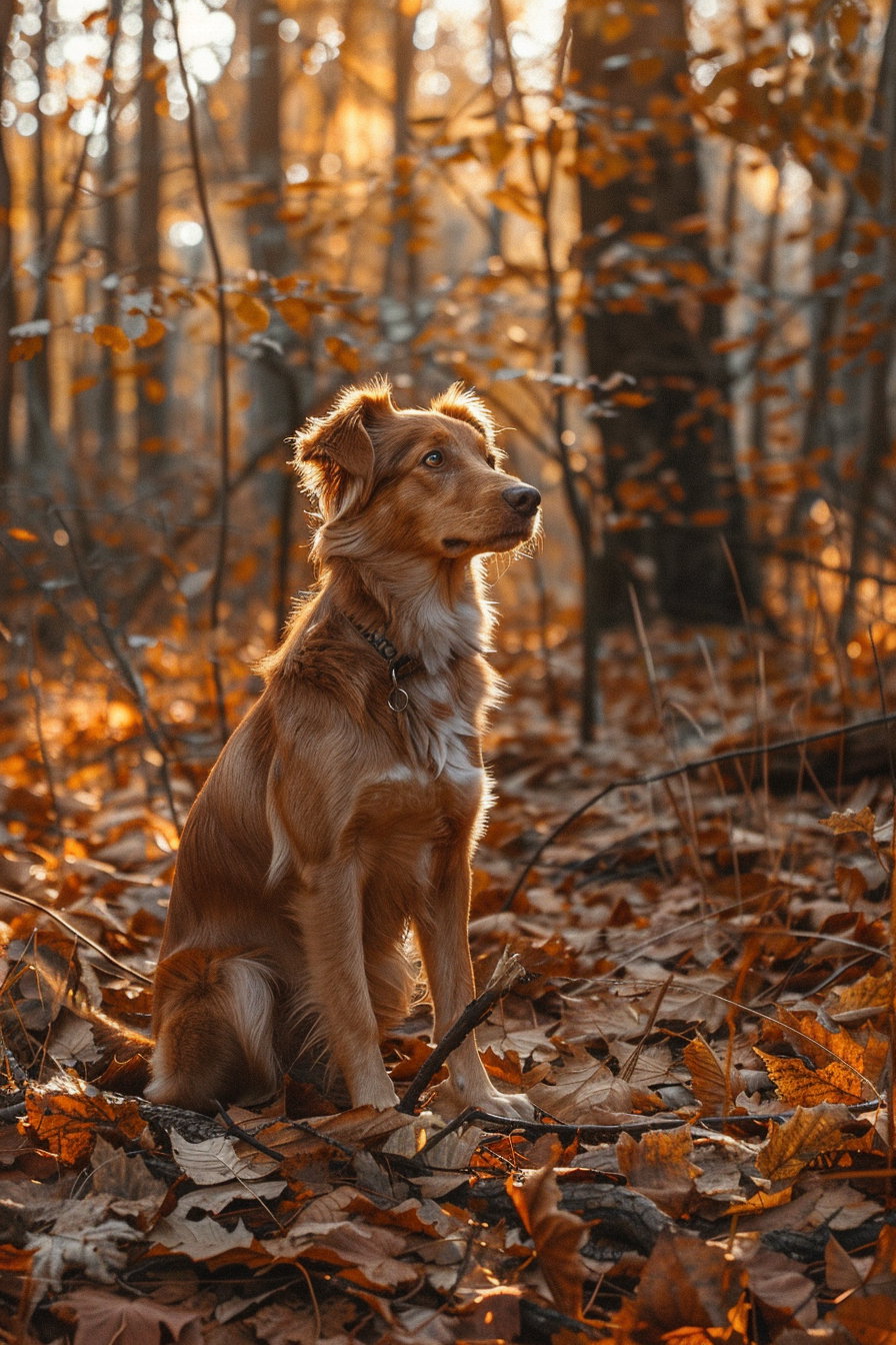 Dog sitting among golden leaves in autumn forest
