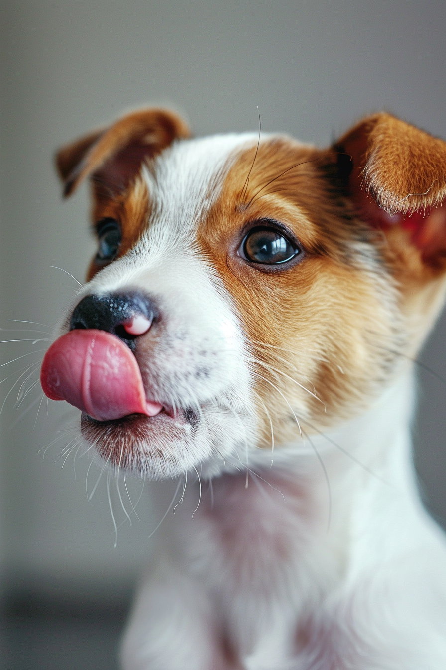 Cute puppy with funny expression licking its nose up close
