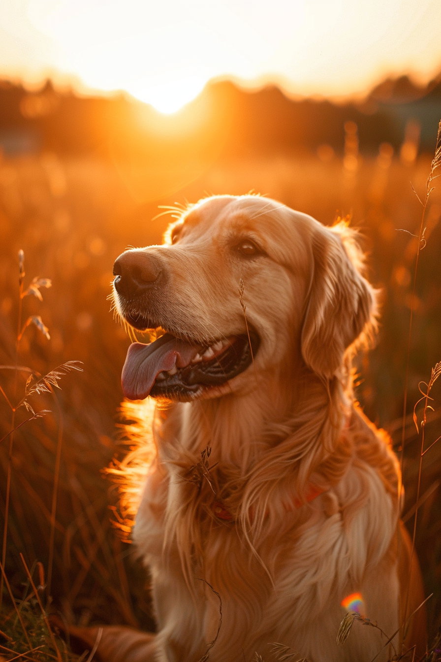 Golden retriever basking in warm sunset glow