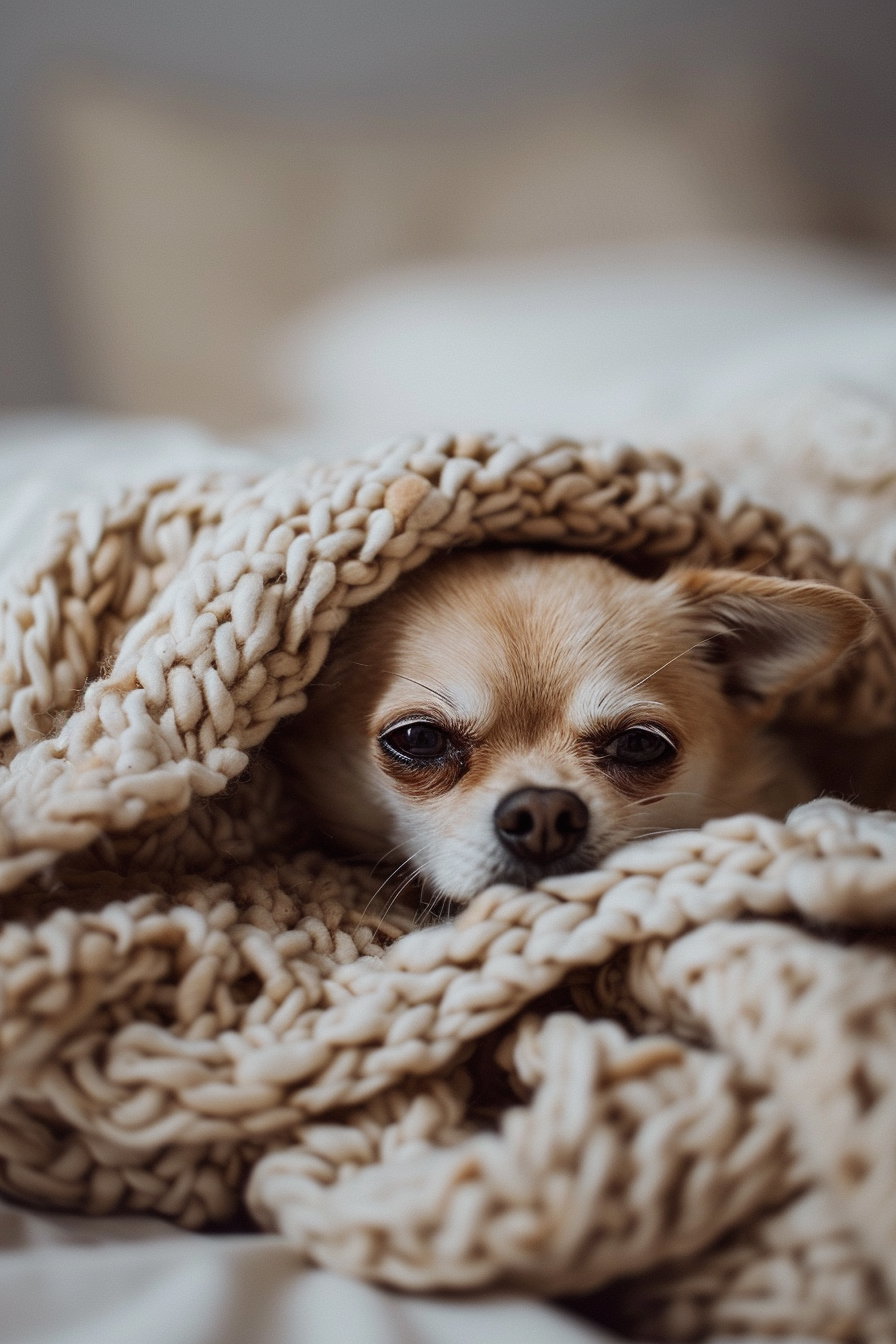 Tiny chihuahua snuggled in a blanket with soft light