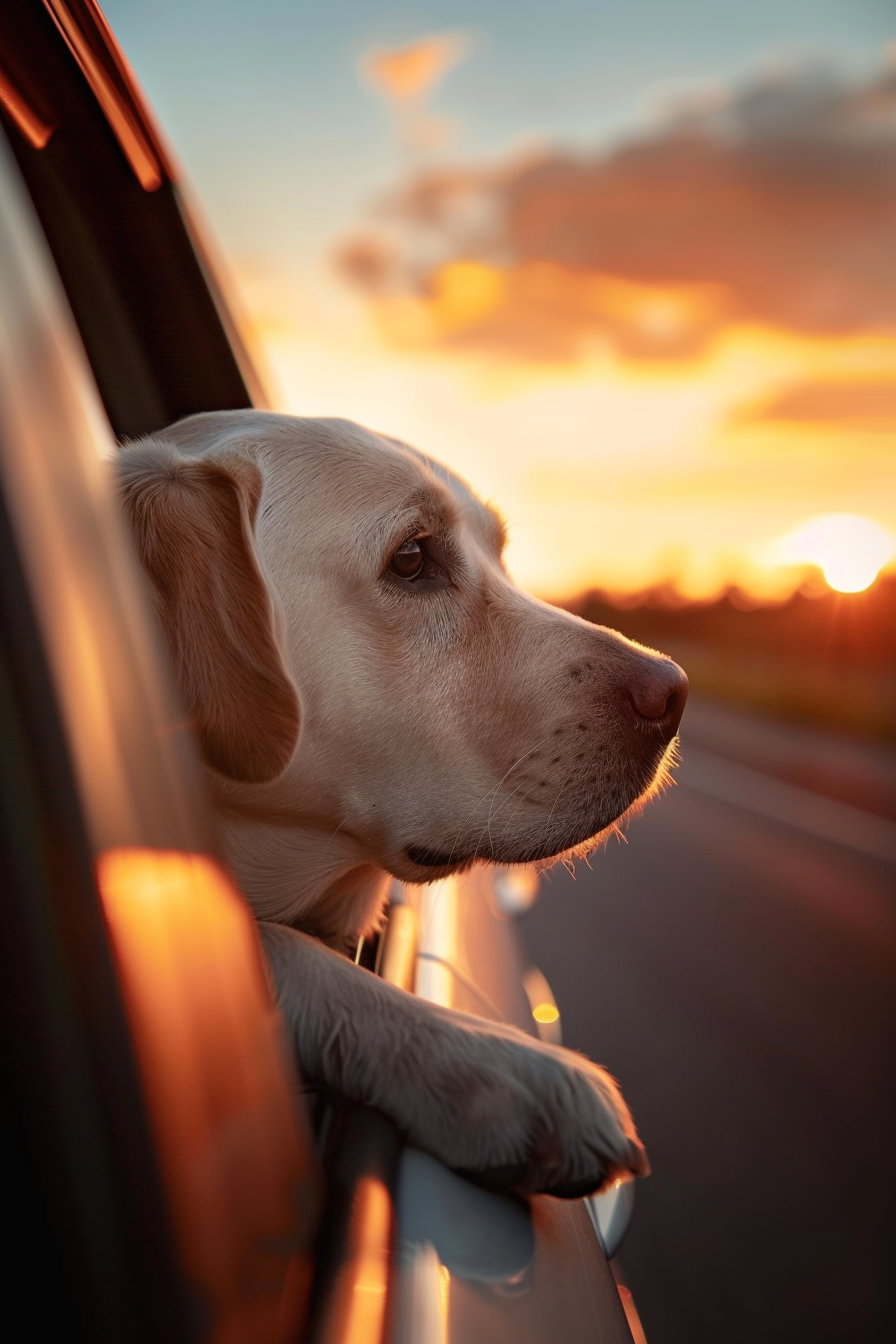 Dog gazing out car window at sunset sky