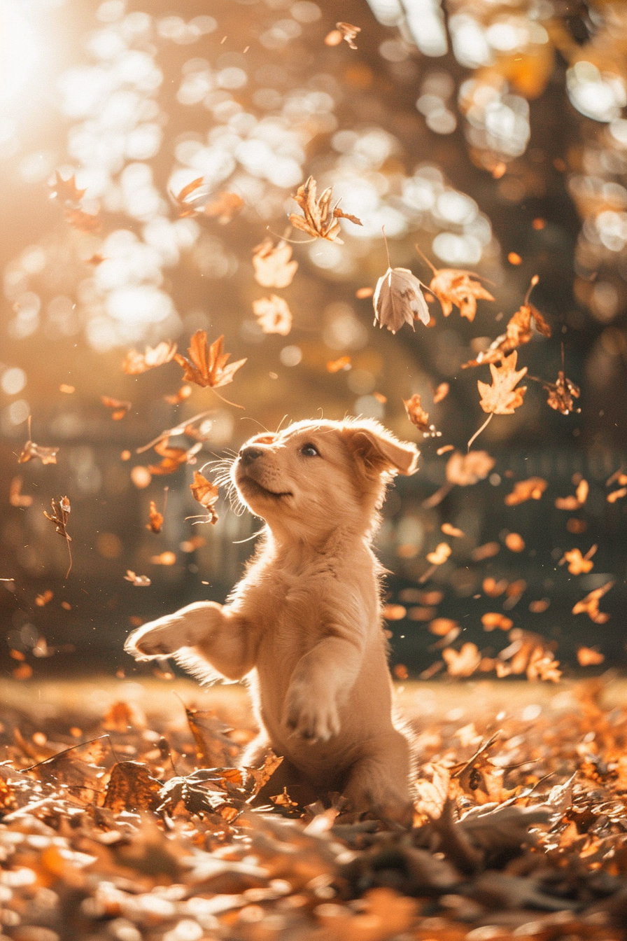 Puppy joyfully playing with colorful leaves in sunlight