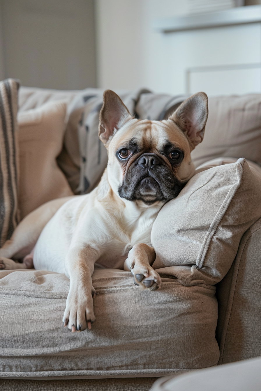 Dog lounging on couch in relaxed human-like pose