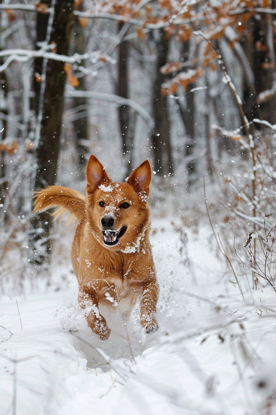 Dog sprinting through snow in vibrant winter scene