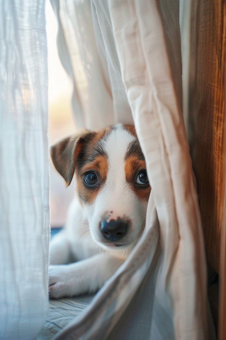 Puppy peeking from behind curtain in soft indoor light