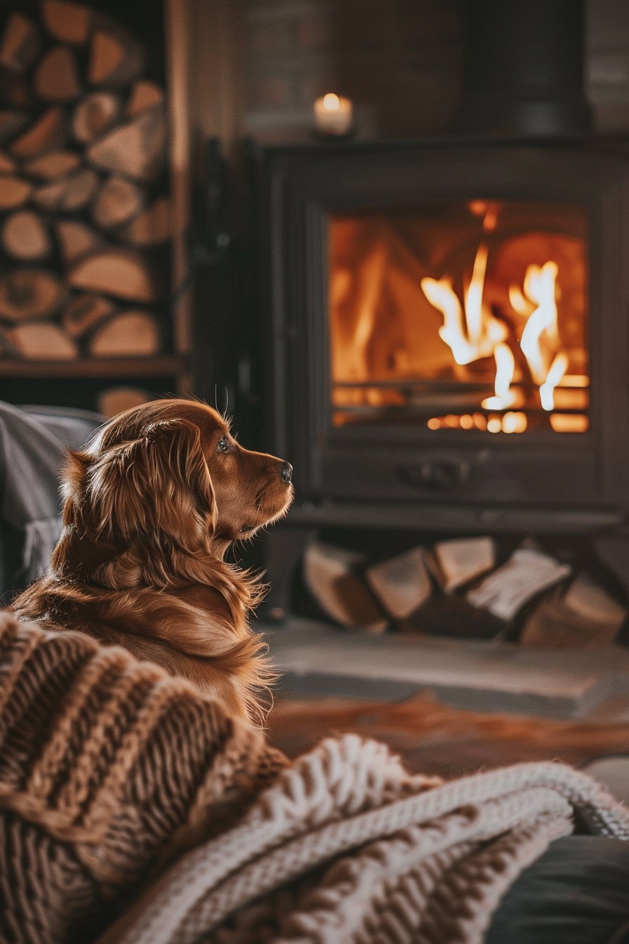 Cozy dog by fireplace with warm winter glow