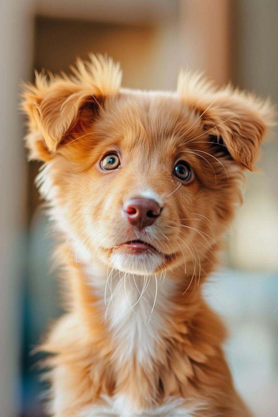 Cute surprised puppy with wide eyes and funny expression close-up