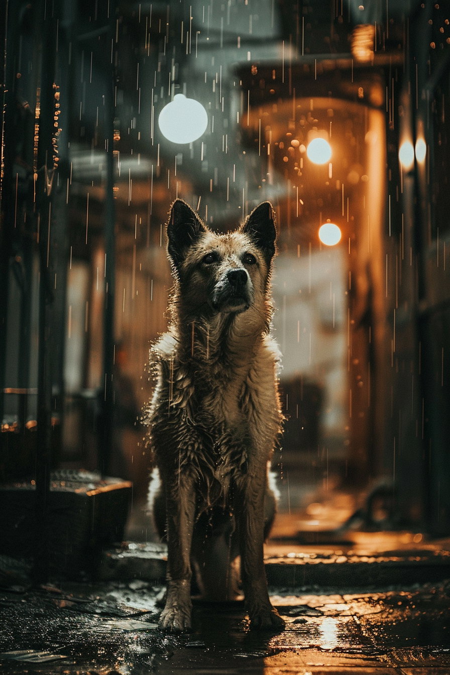 Dog standing in rain with dramatic lighting and emotional mood