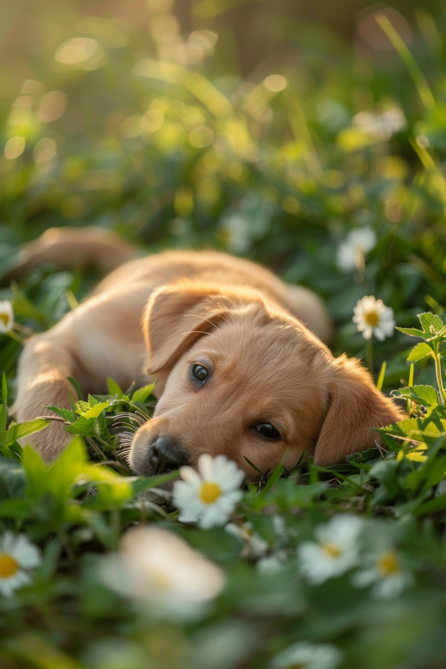Puppy resting in grass surrounded by colorful flowers