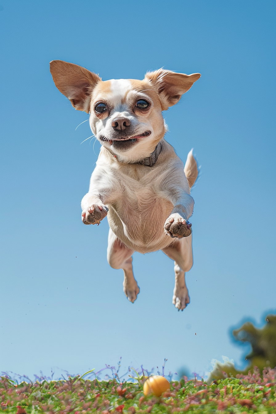 Dog mid-air leap catching toy in dynamic action shot