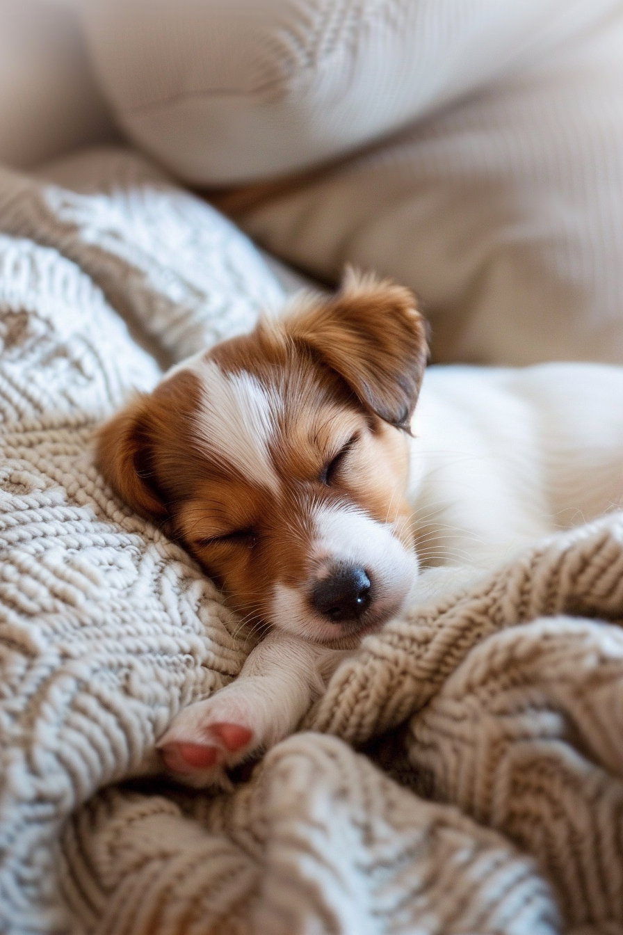 Tiny puppy peacefully sleeping on a soft pillow