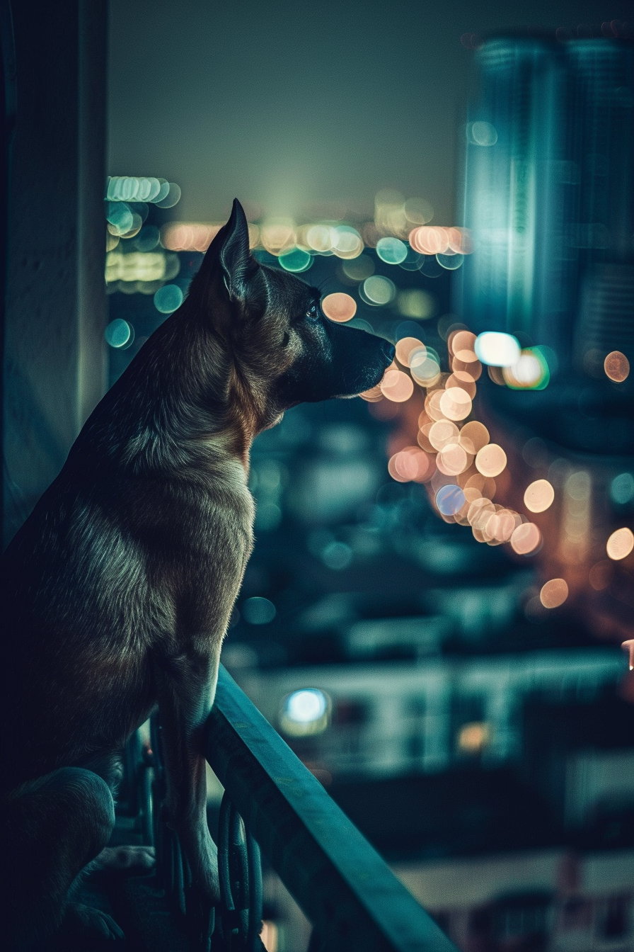 Dog on balcony overlooking city lights at night