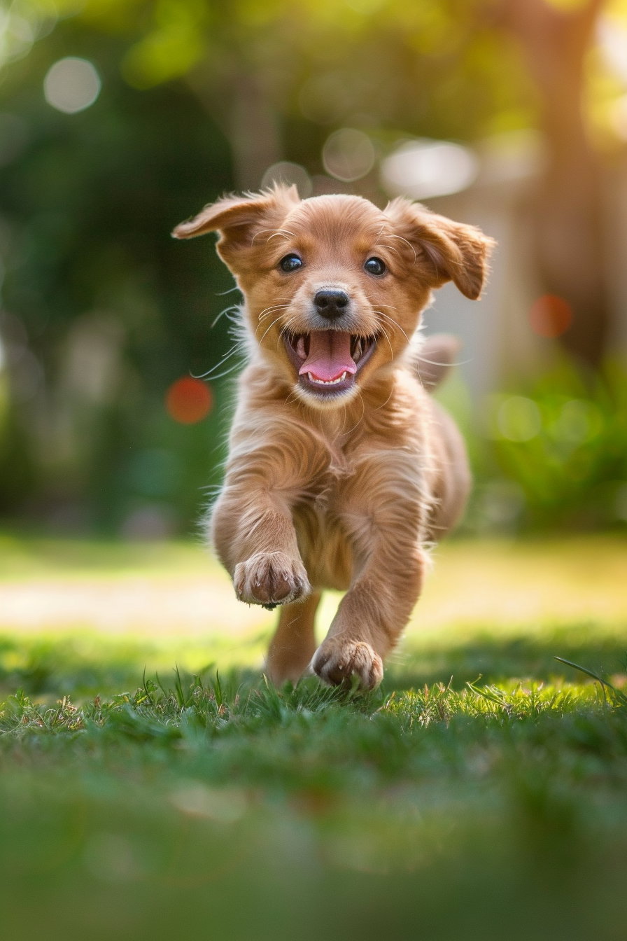 Joyful puppy running towards camera in outdoor light