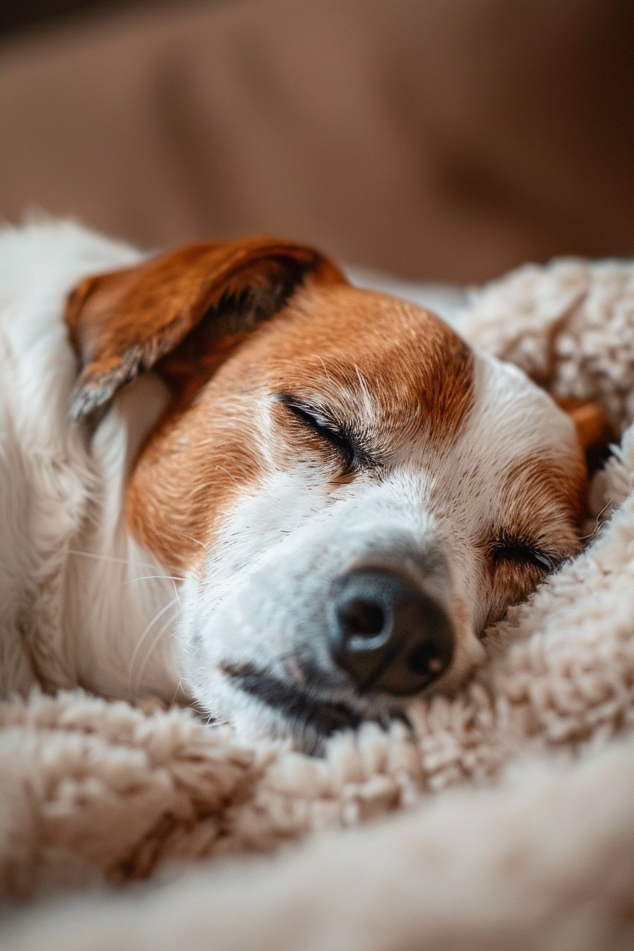 Funny sleepy dog with half-closed eyes in soft light