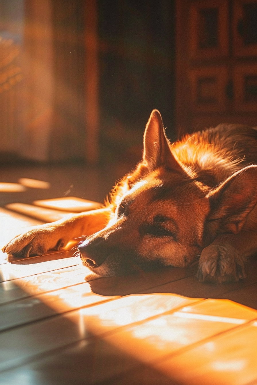 Dog basking in sunbeam on warm wooden floor