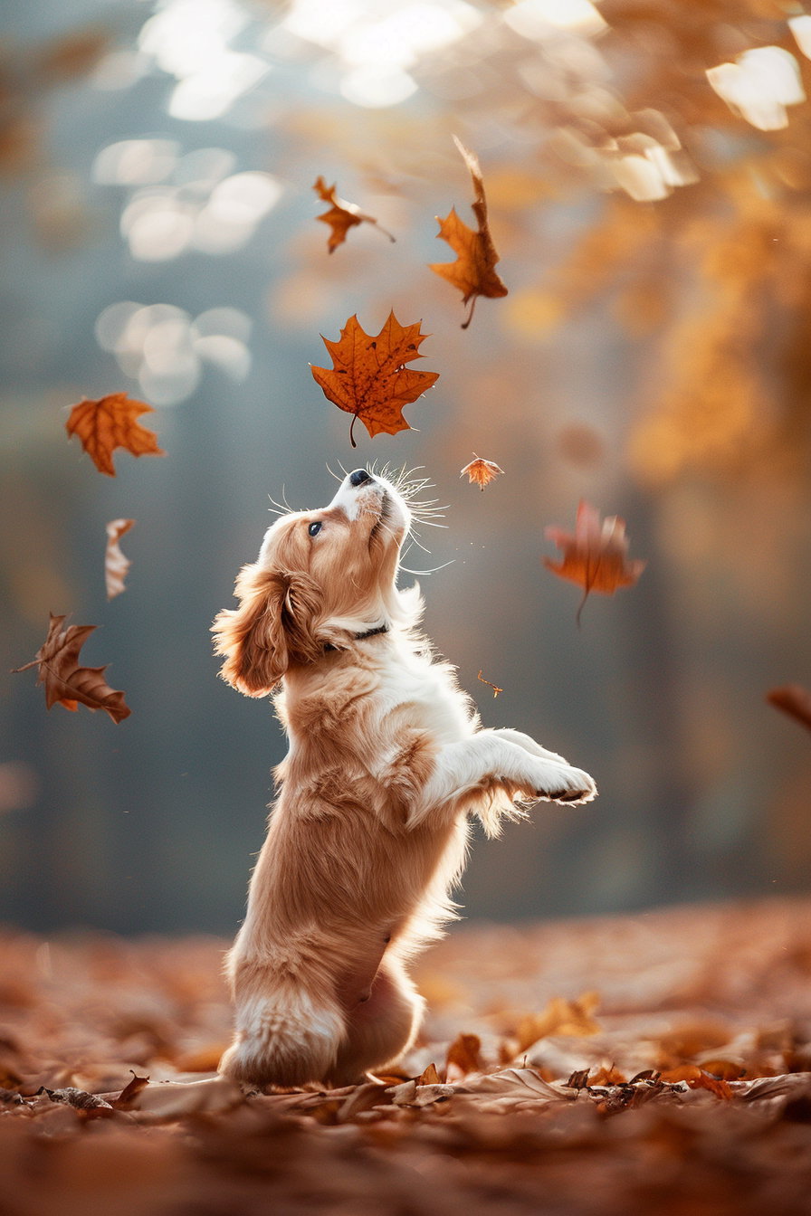 Playful puppy leaps for colorful autumn leaves