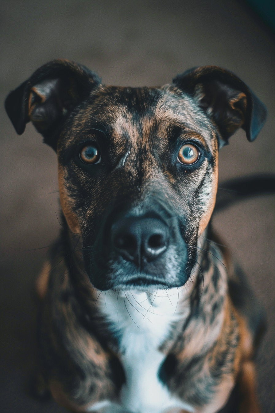 Dog with soulful eyes gazing at camera in cinematic setting