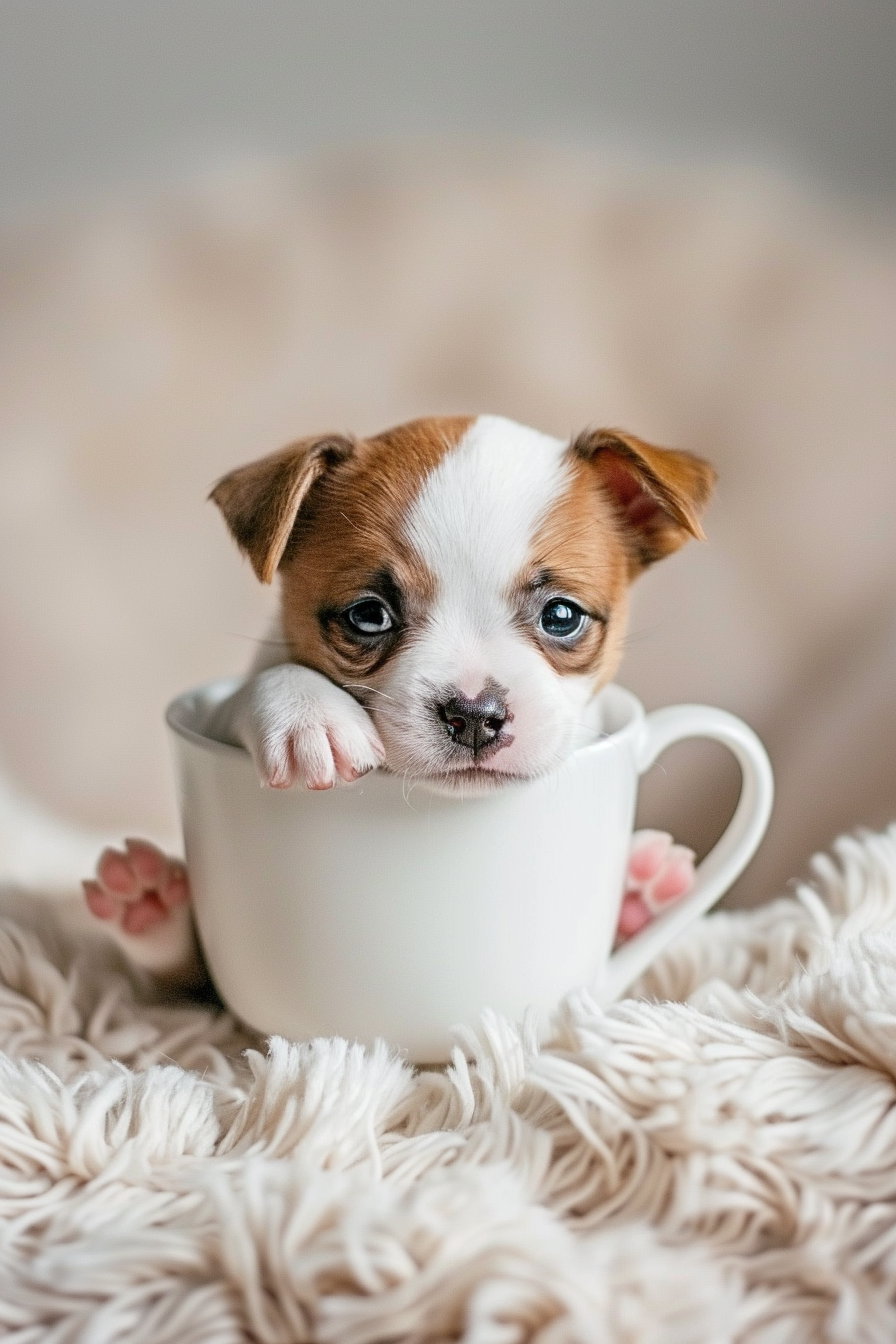 Tiny puppy nestled in a cup with soft lighting