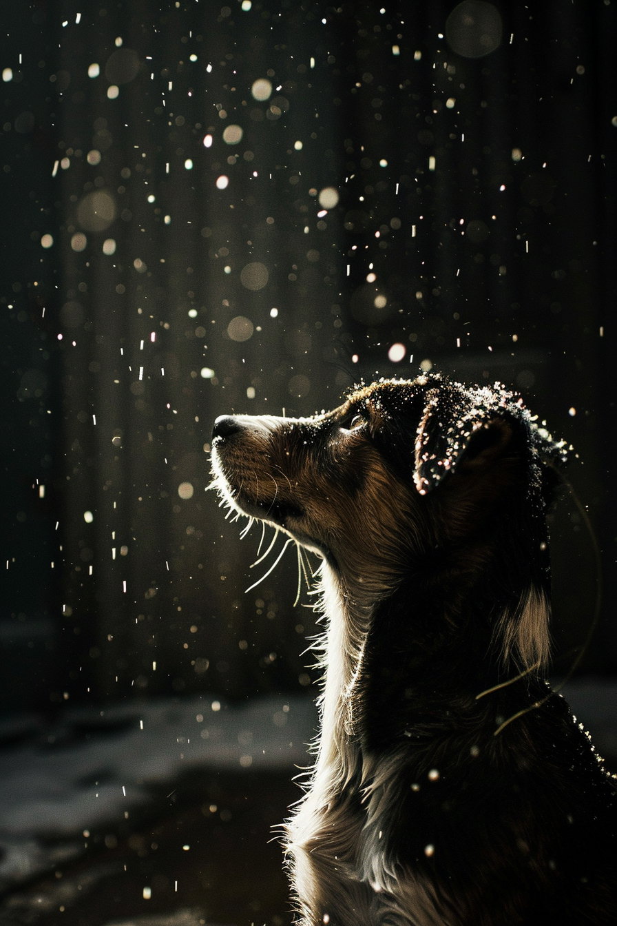 Puppy gazing at gently falling snowflakes in soft light