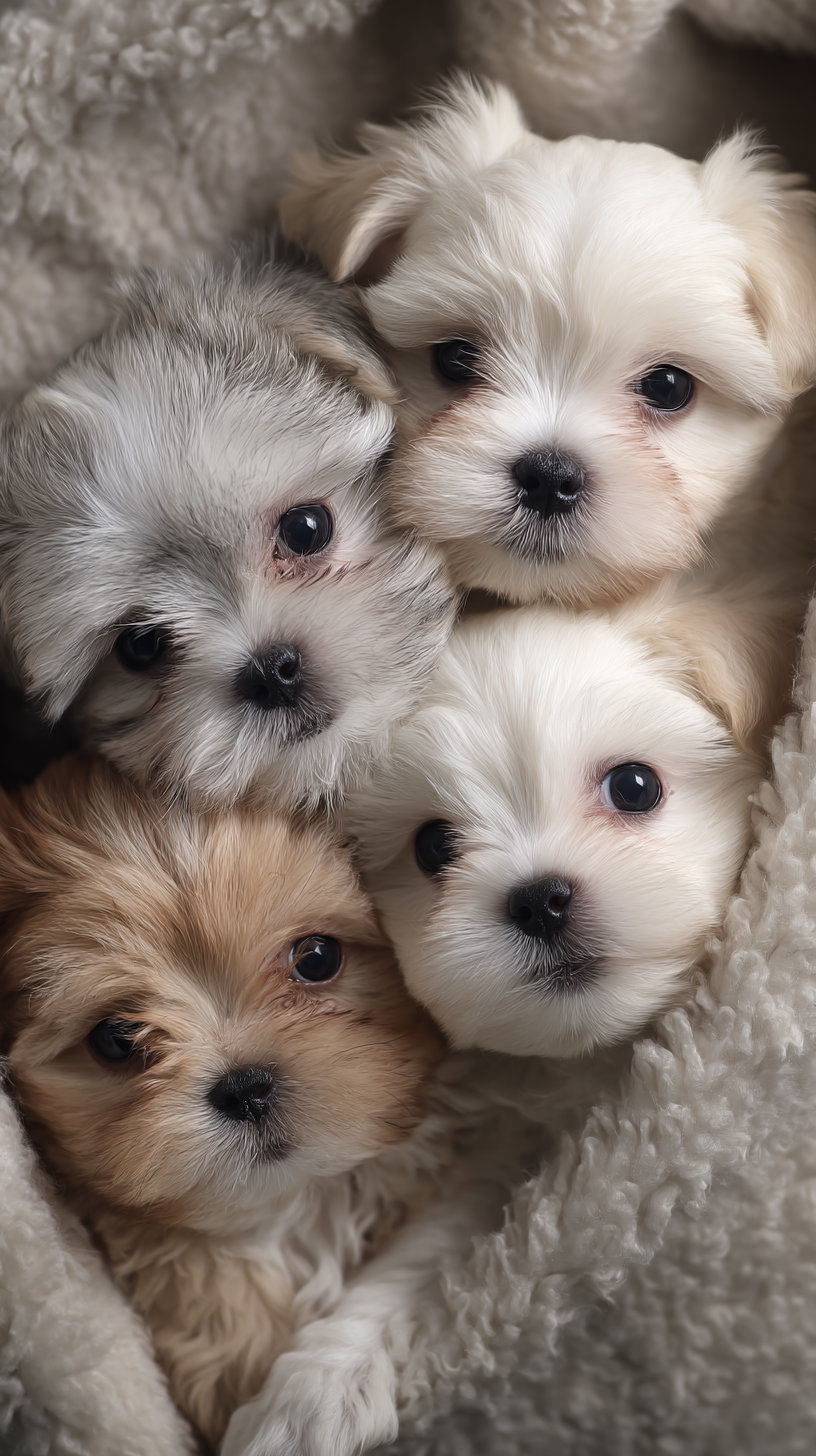 Four adorable teacup puppies snuggling in a cozy setting