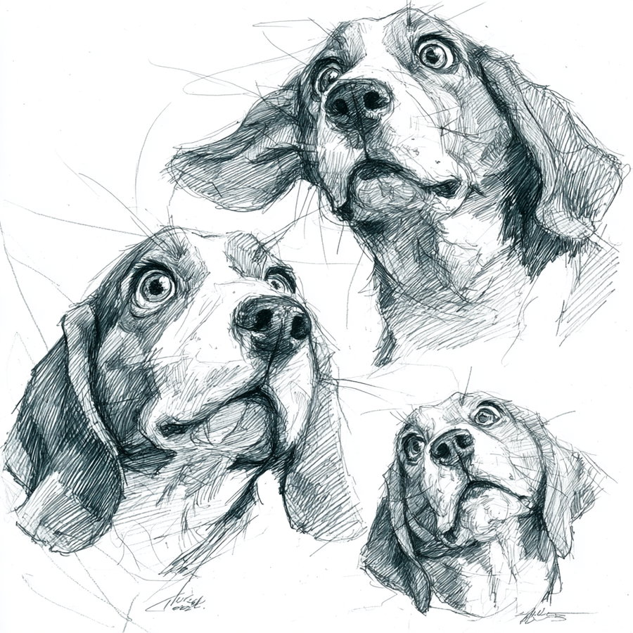 Pencil drawing of shocked beagle dog floating in air