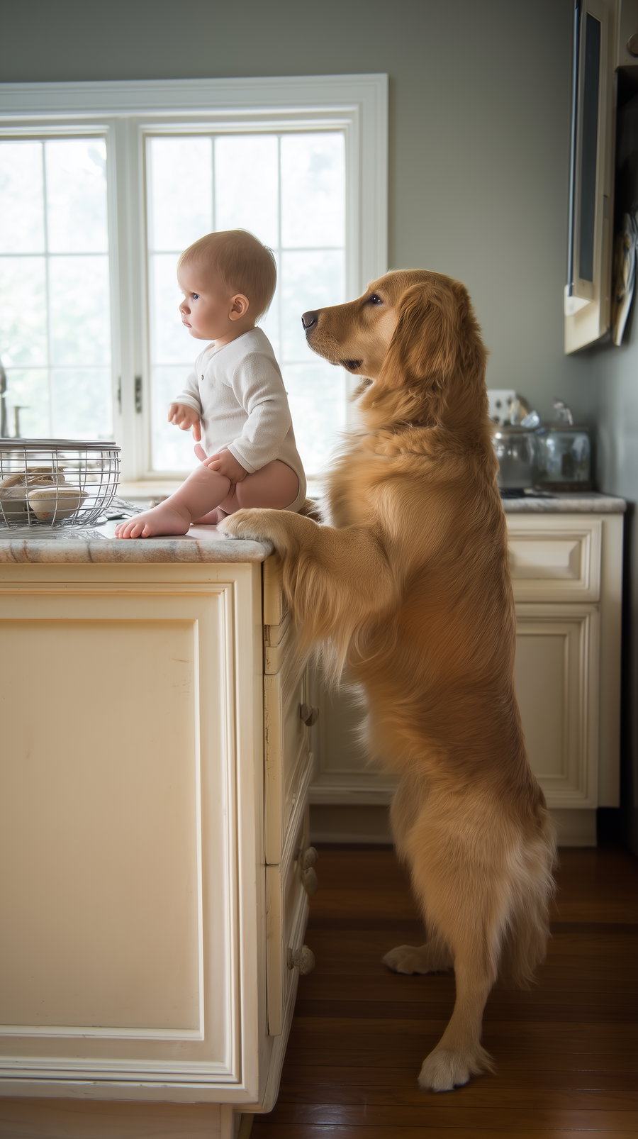Golden retriever and baby explore kitchen utensils together