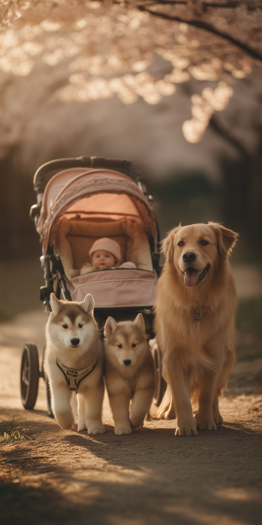 Golden retriever and husky pulling stroller on cherry blossom path