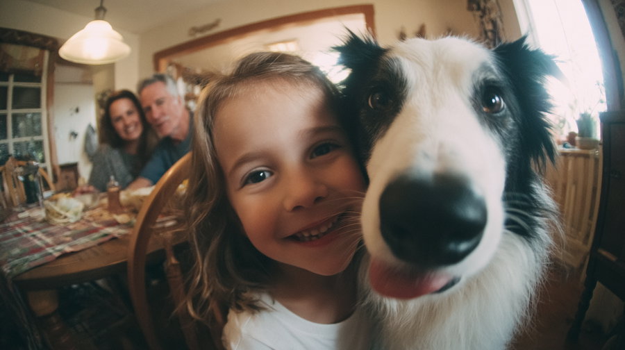 Little girl smiles with Border Collie in warm family moment