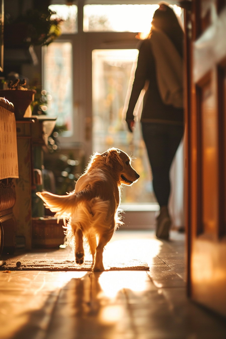 Dog joyfully running to owner at the door