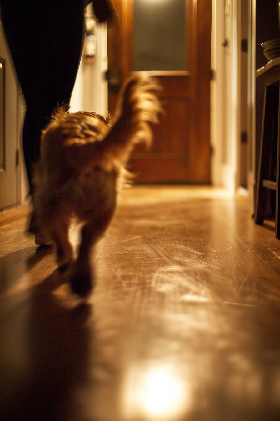 Dog joyfully running to owner at the door